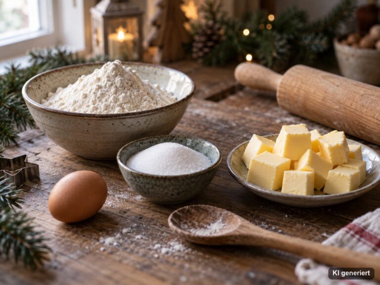 Mehl, Zucker, Butterwürfel, Ei und Nudelholz auf einem Holztisch