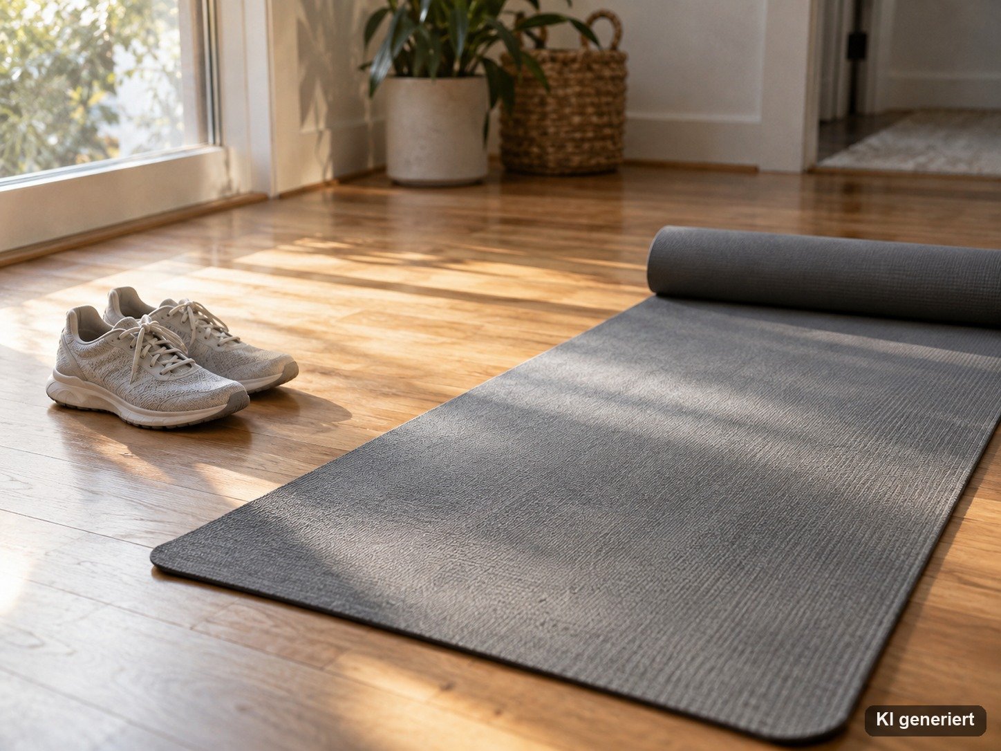 Graue Yogamatte und Laufschuhe auf einem hellen Holzboden im Morgenlicht