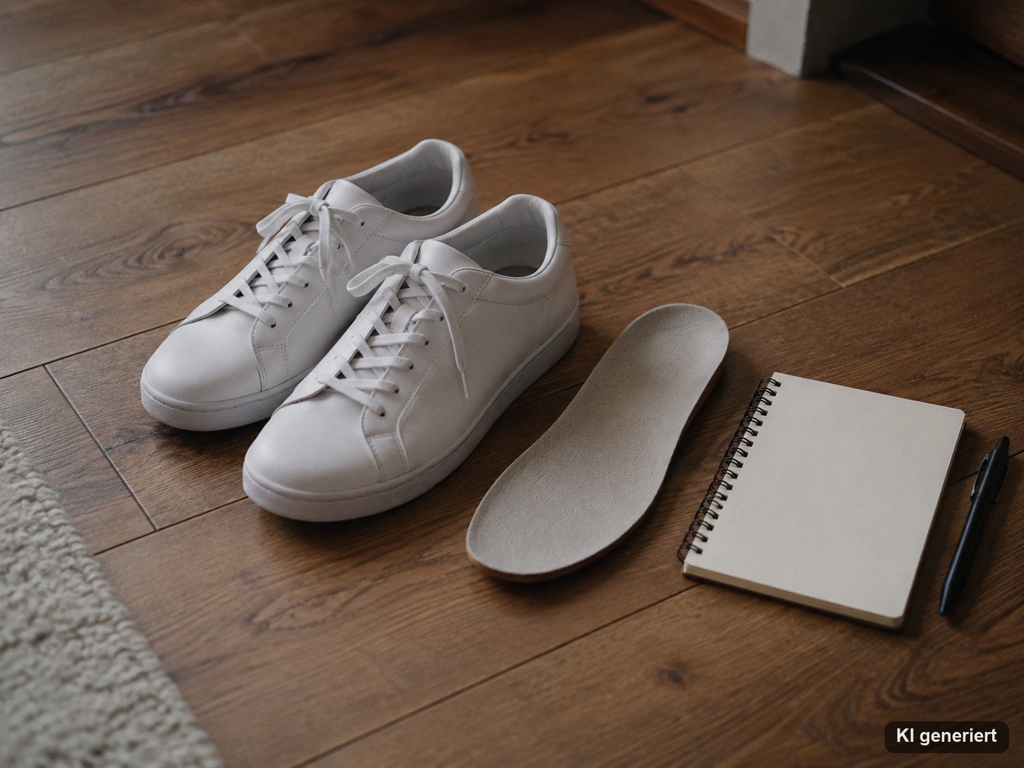 Weiße Sneaker, lose Einlegesohle und Notizbuch mit Stift auf einem Holzboden