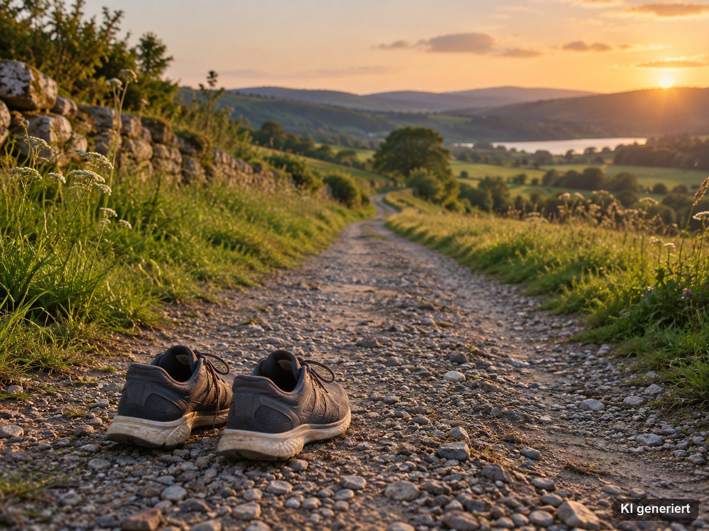 Langer Laufweg durch eine Landschaft mit Laufschuhen im Vordergrund