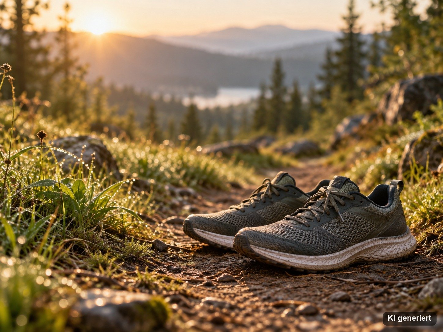 Laufschuhe auf einem Waldweg im Morgenlicht