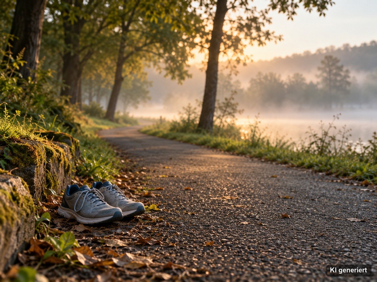 Parkweg im Morgenlicht mit einem Paar Laufschuhen am Wegrand