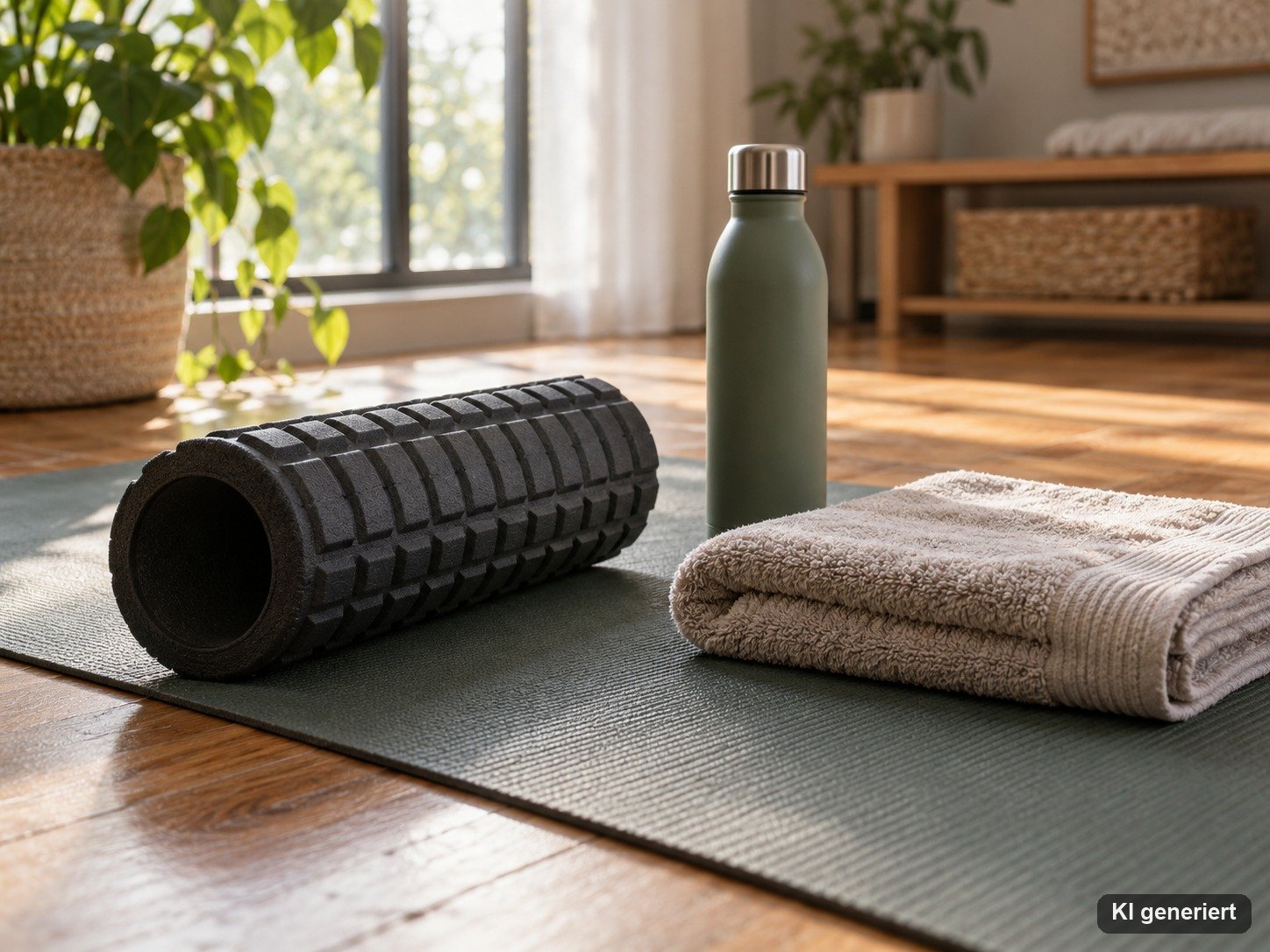 Faszienrolle, Trinkflasche und Handtuch auf einer Yogamatte