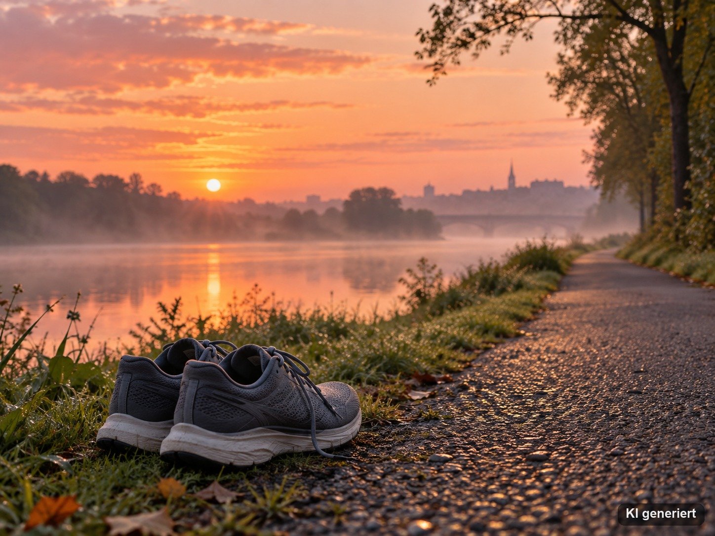 Laufweg bei Sonnenaufgang mit Laufschuhen am Wegrand