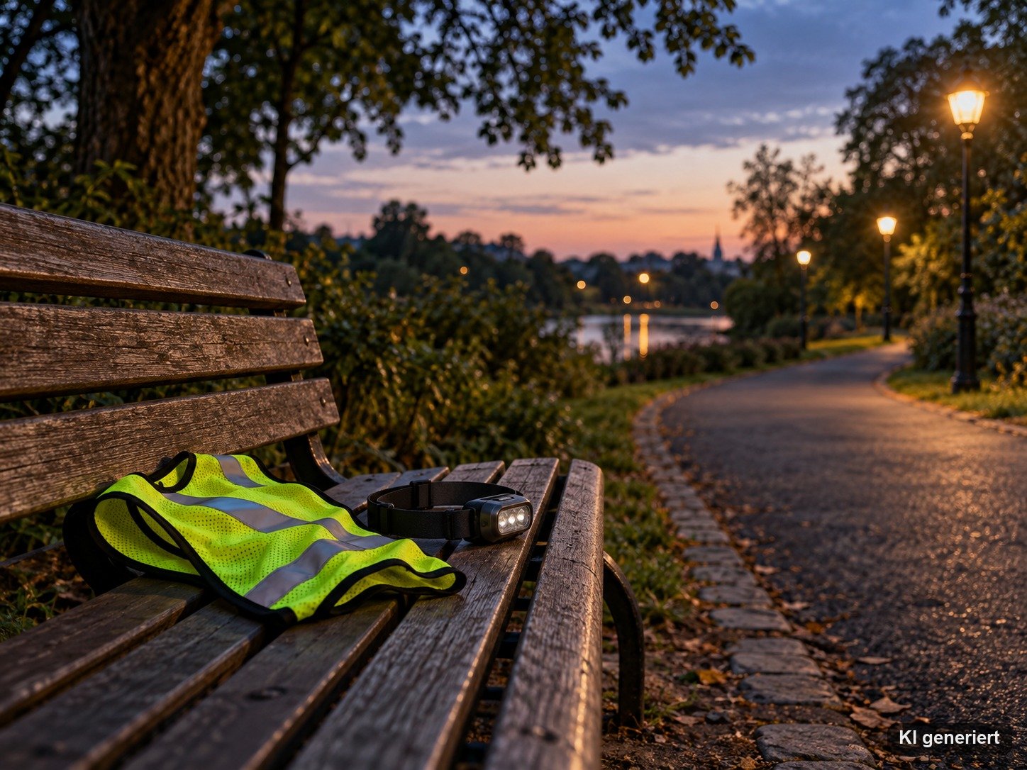 Laufweg in der Abenddämmerung mit Stirnlampe und Reflektorweste