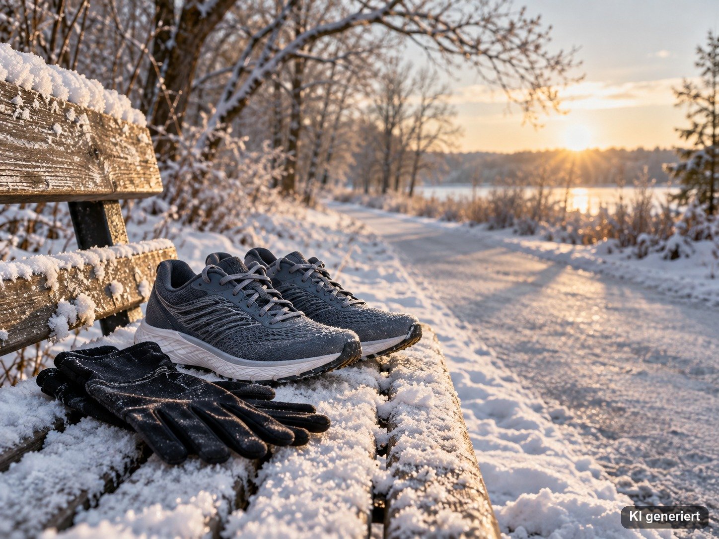 Verschneiter Laufweg mit Laufschuhen und Handschuhen
