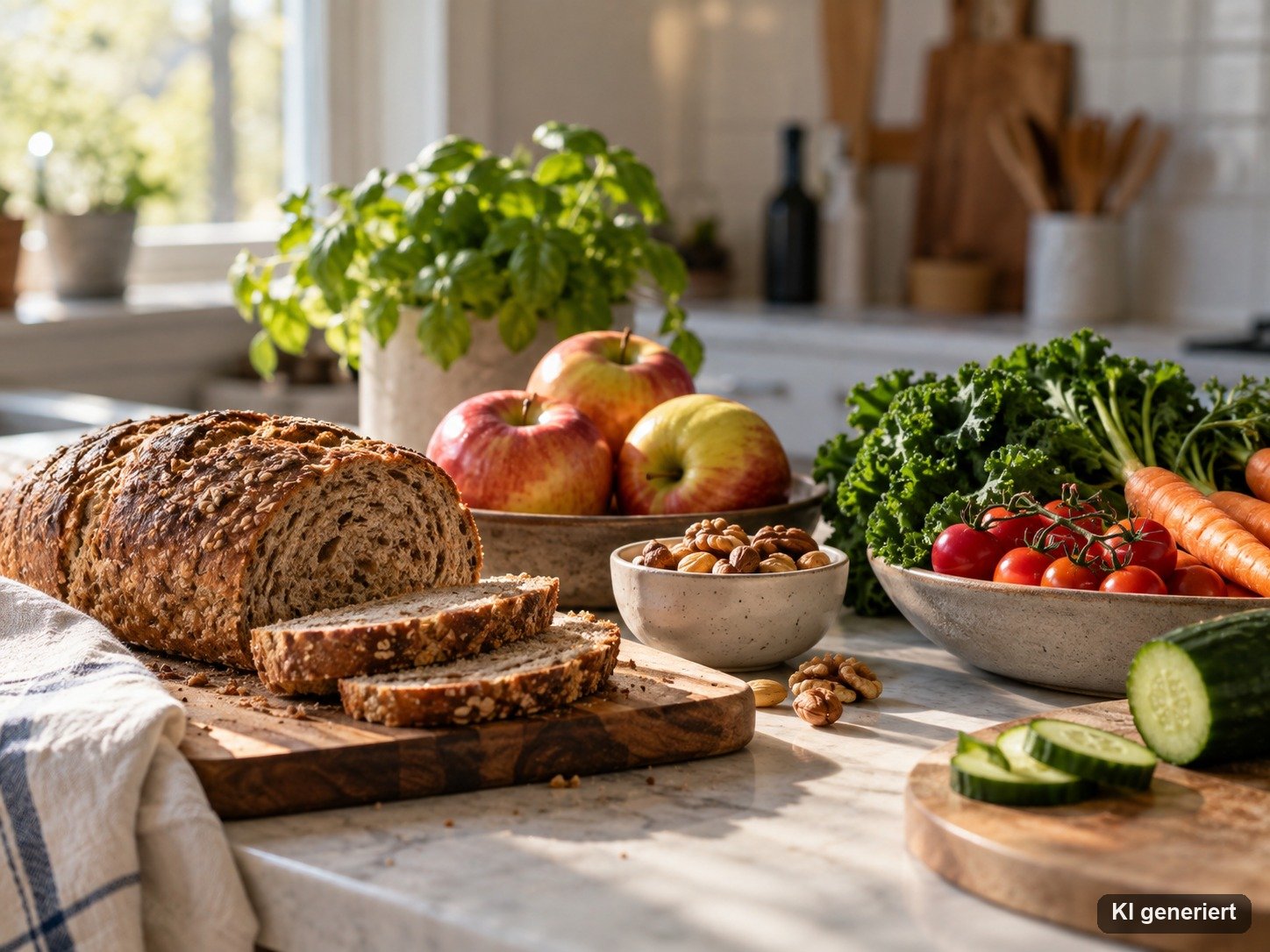Vollkornbrot, Äpfel, Nüsse und Gemüse auf einer Küchenarbeitsplatte