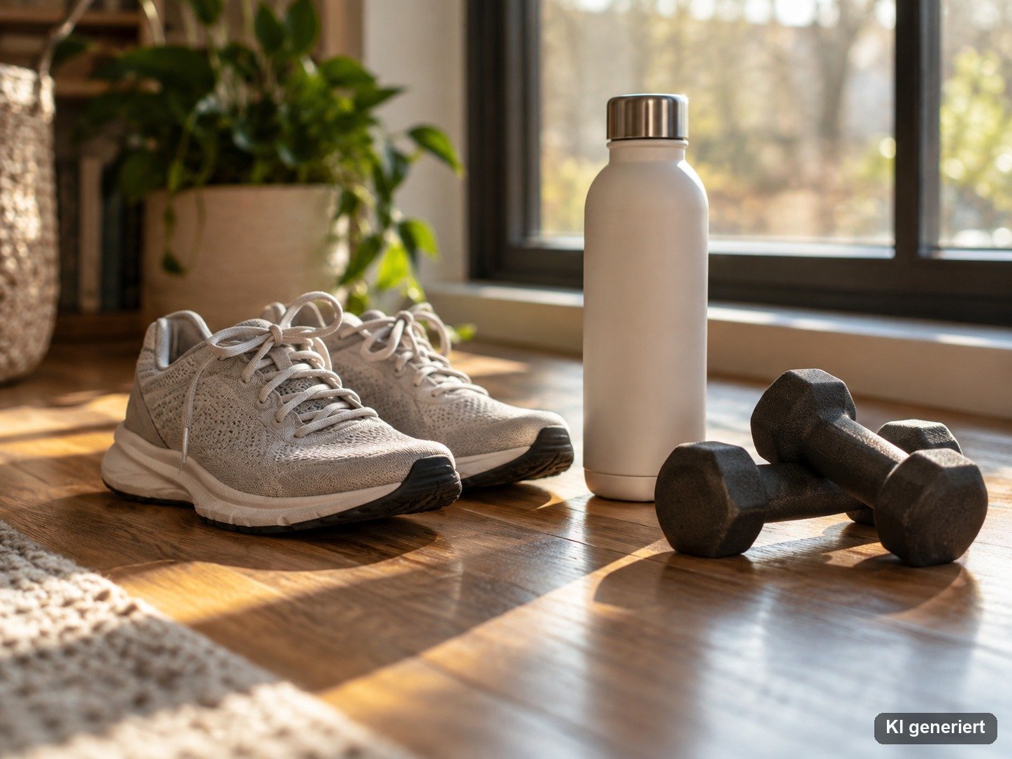 Laufschuhe, Trinkflasche und Hanteln auf einem Holzboden