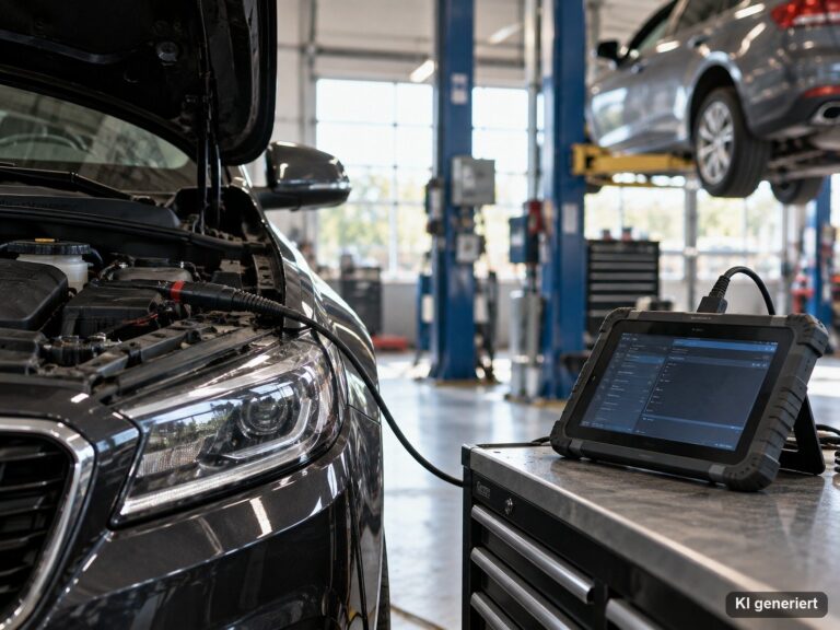 Diagnosegerät an einem Fahrzeug in einer Kfz-Werkstatt