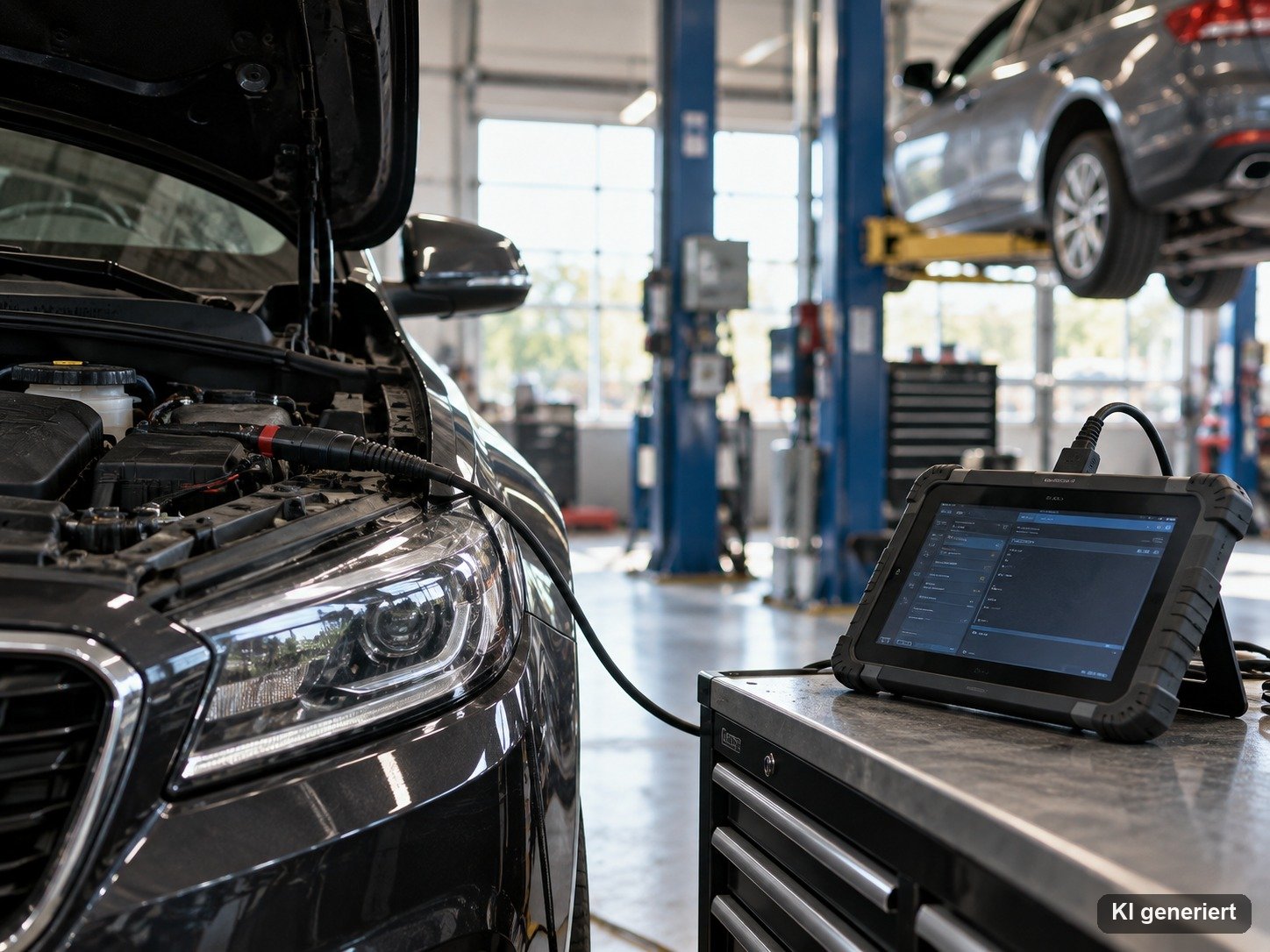 Diagnosegerät an einem Fahrzeug in einer Kfz-Werkstatt