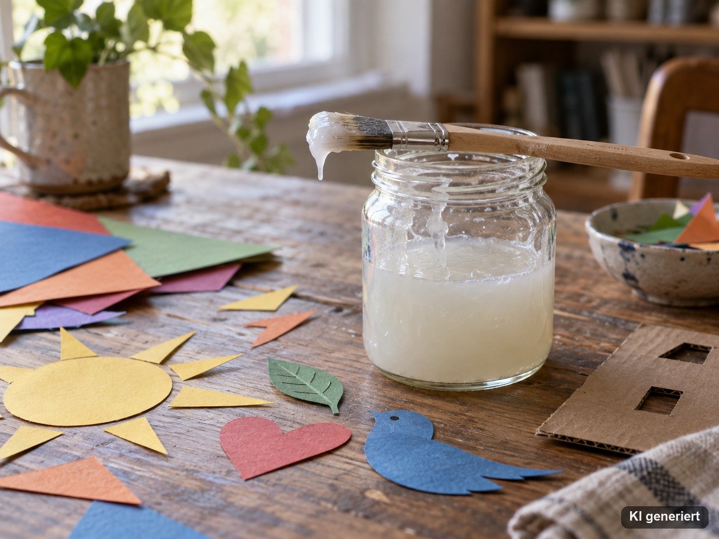 Glas mit durchsichtigem Stärkekleber und Pinsel neben Bastelpapier