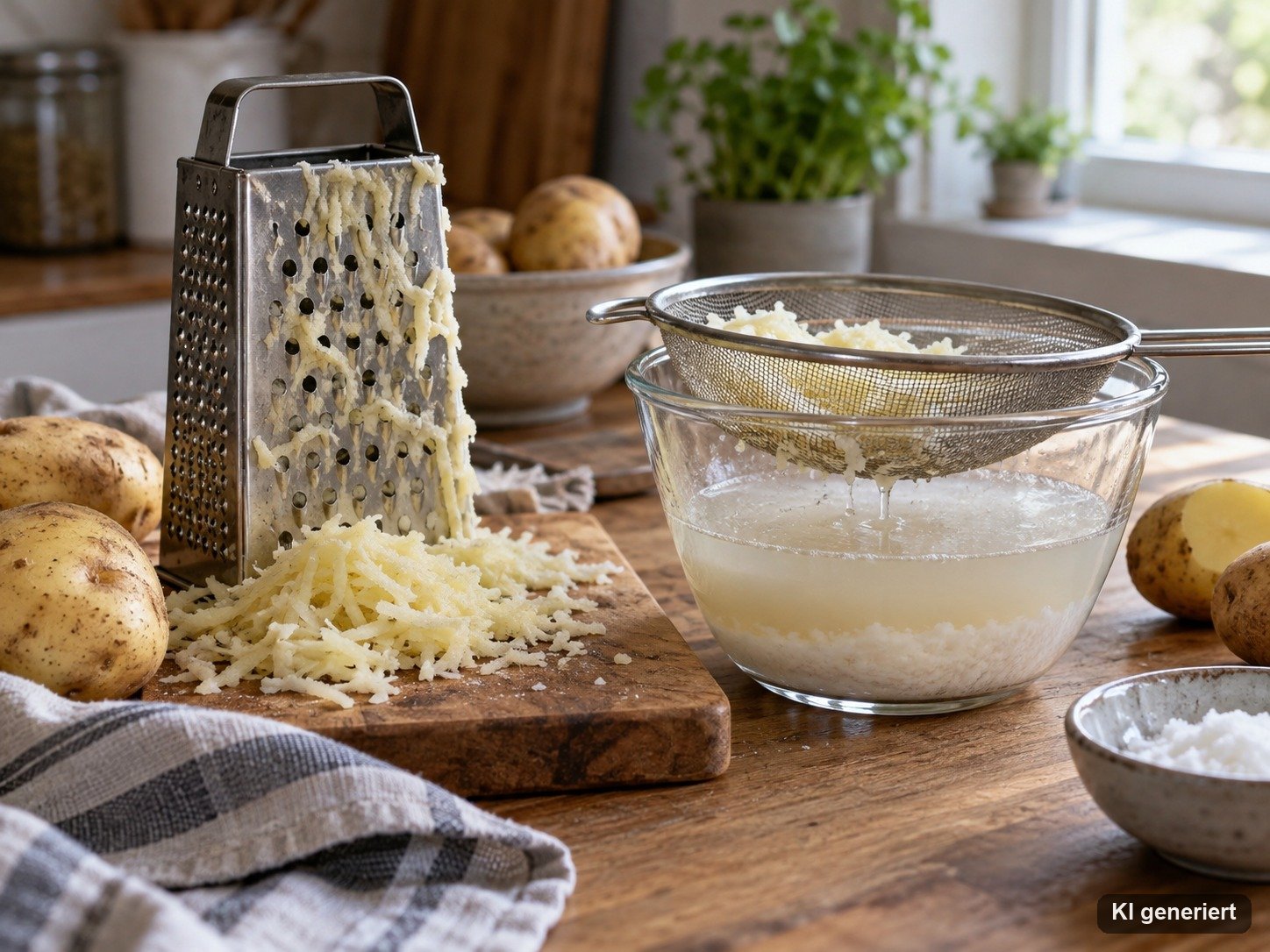 Geriebene Kartoffeln und abgesetzte Kartoffelstärke in einer Glasschüssel