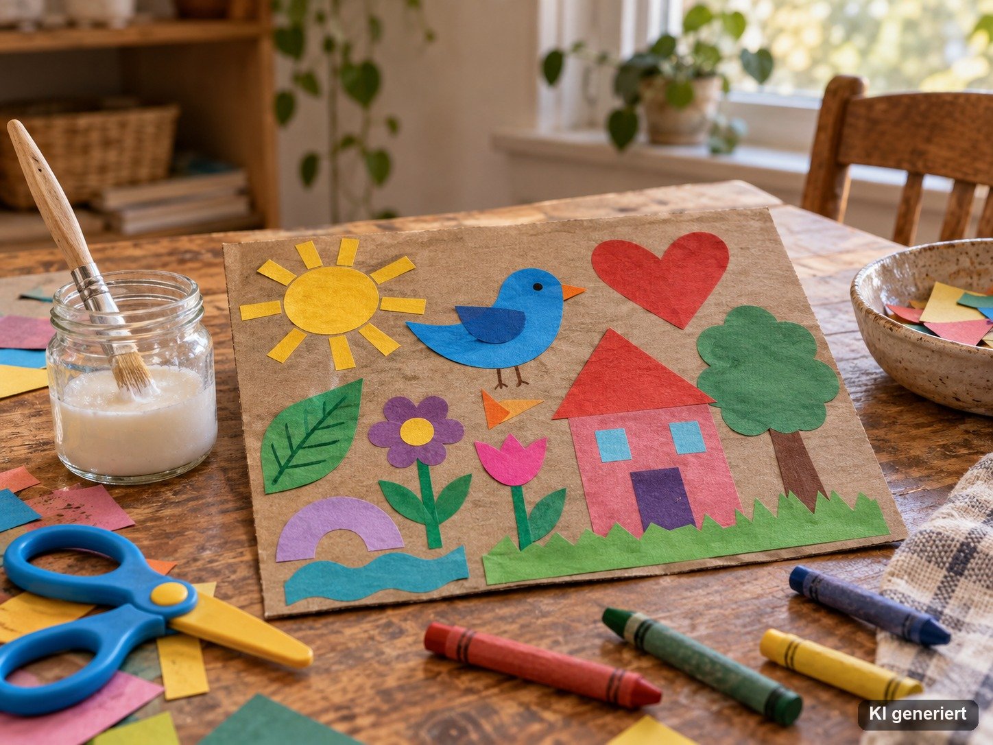 Kindercollage aus Papier mit einem Glas selbst gemachtem Kleber