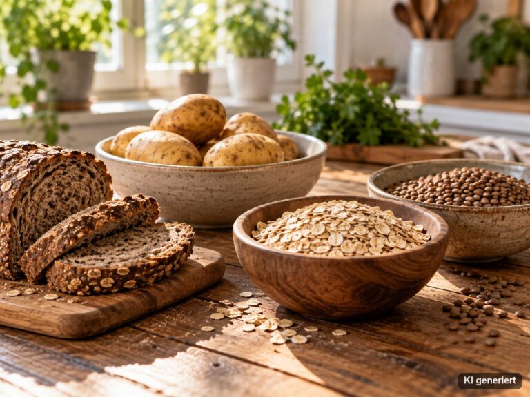 Vollkornbrot, Kartoffeln, Haferflocken und Linsen auf einem Holztisch