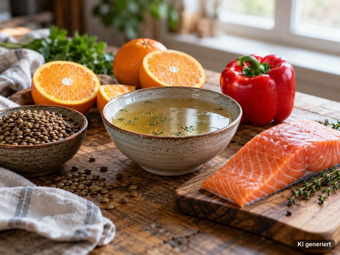 Knochenbrühe, Lachs, Zitrusfrüchte und Paprika auf einem Küchentisch