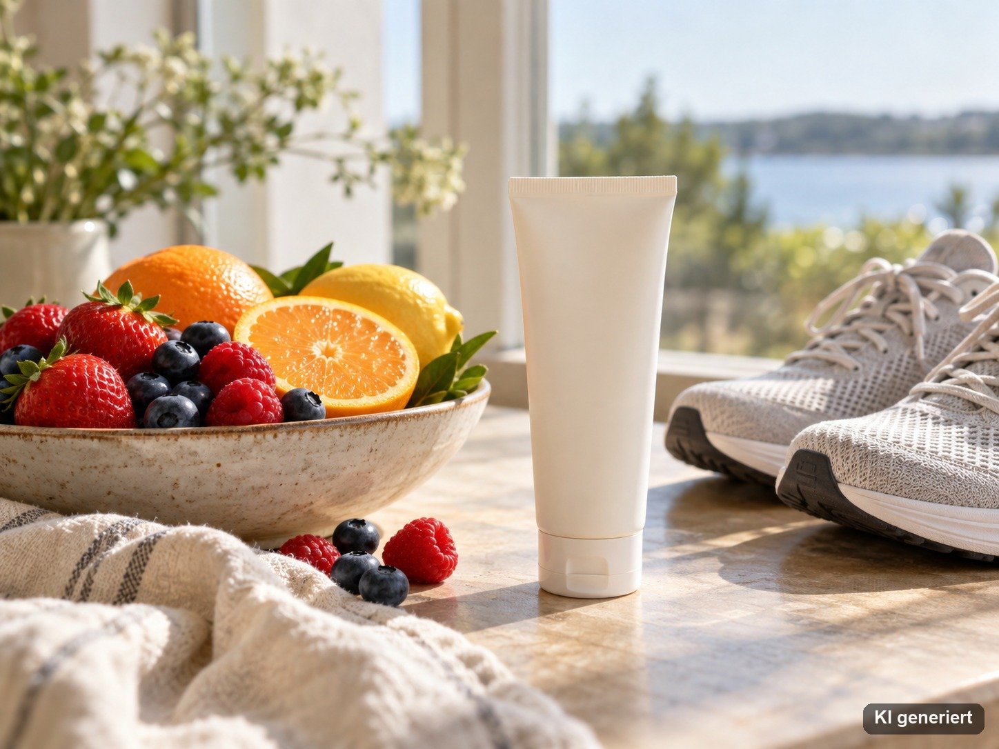 Sonnencreme ohne Etikett, Obst und Laufschuhe auf einem Tisch