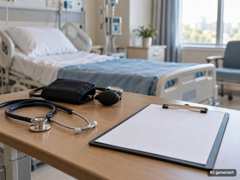 Stethoskop, Blutdruckmessgerät und Klemmbrett auf einem Klinik-Beistelltisch