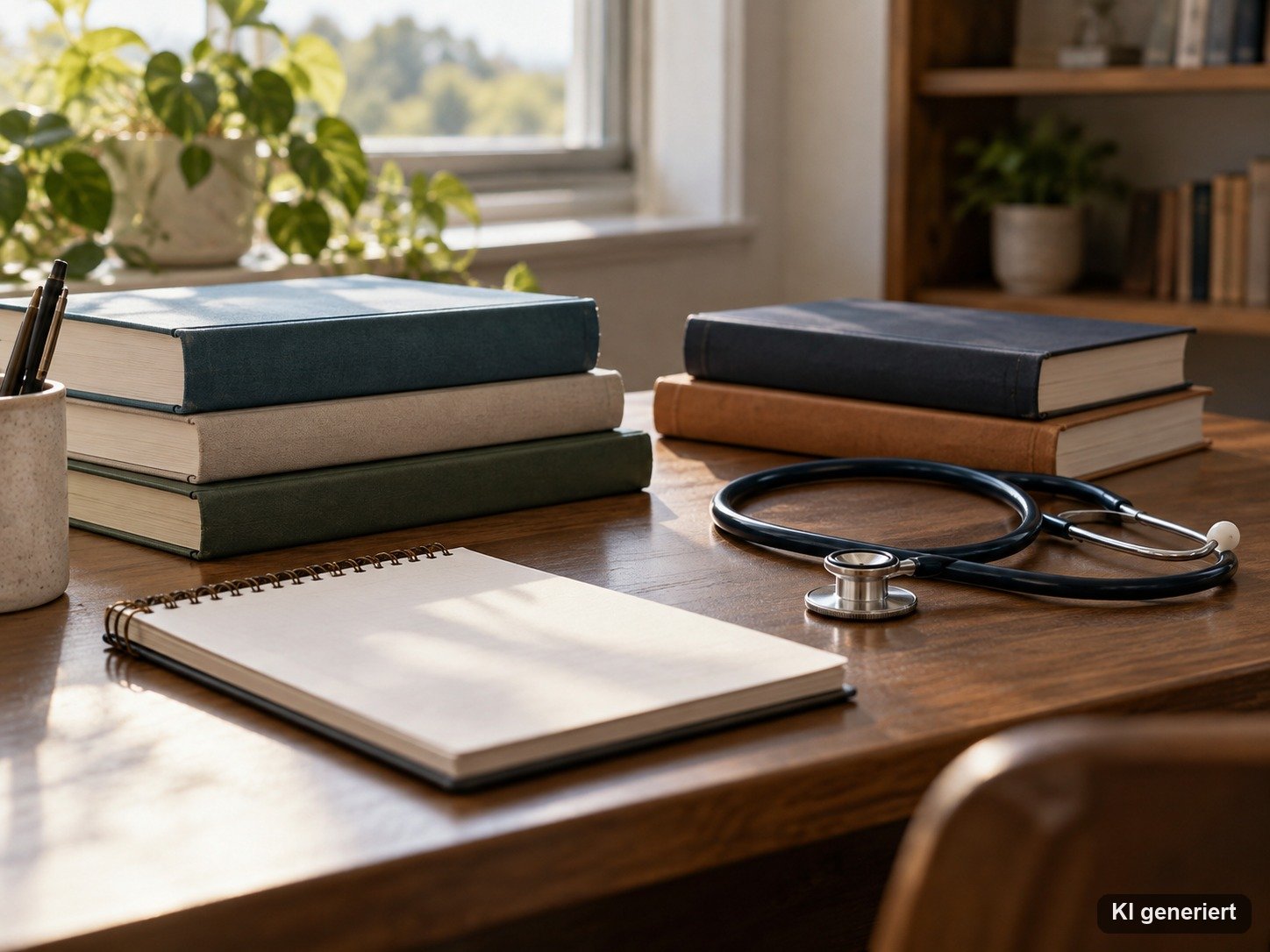 Fachbücher zur Pflege, Notizblock und Stethoskop auf einem Schreibtisch