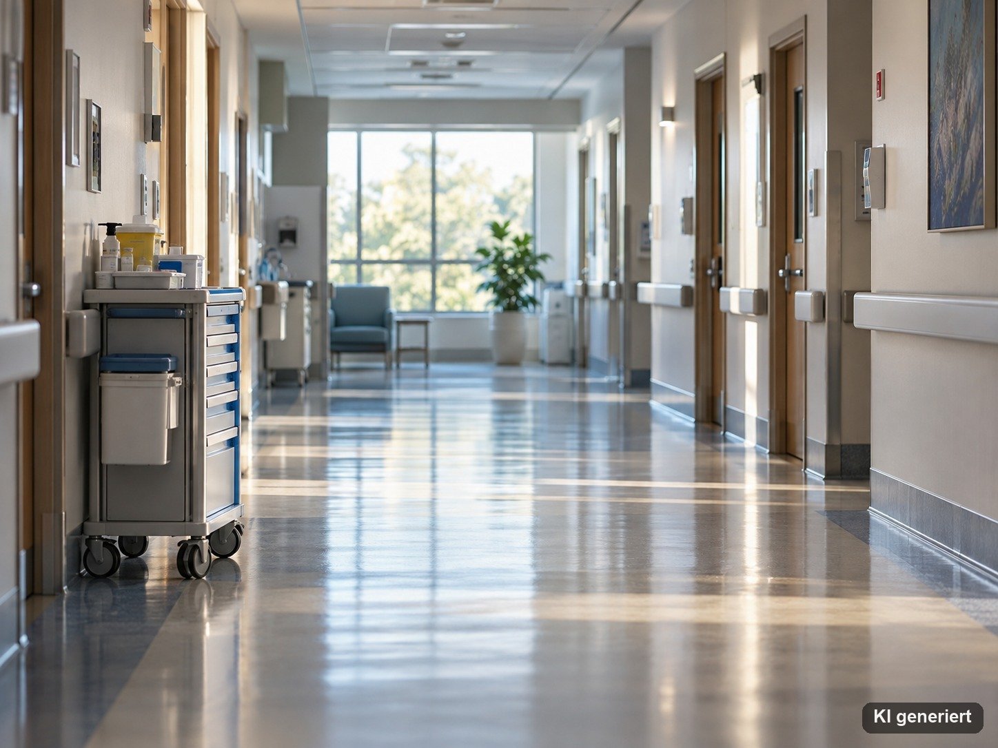 Heller, leerer Krankenhausflur mit Pflegewagen