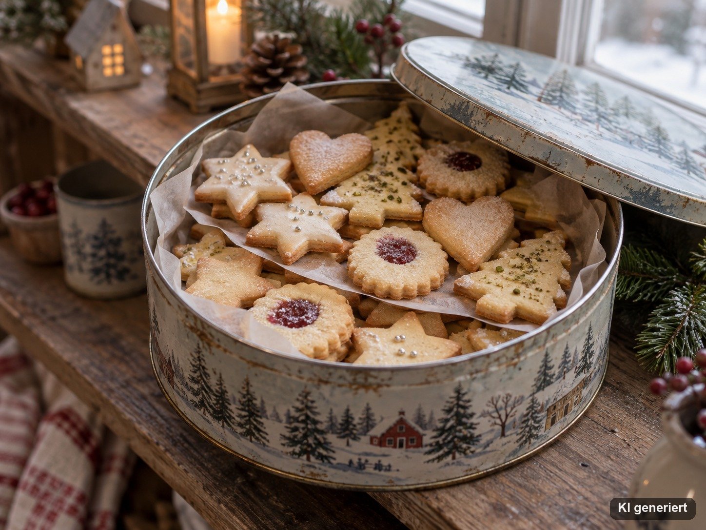Offene Blechdose mit geschichteten Weihnachtsplätzchen