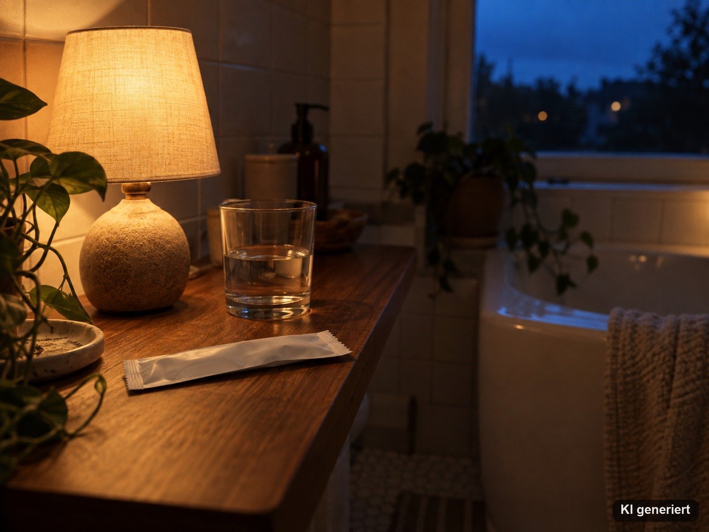 Verpackter Schwangerschaftstest und Wasserglas im Badezimmer am Abend