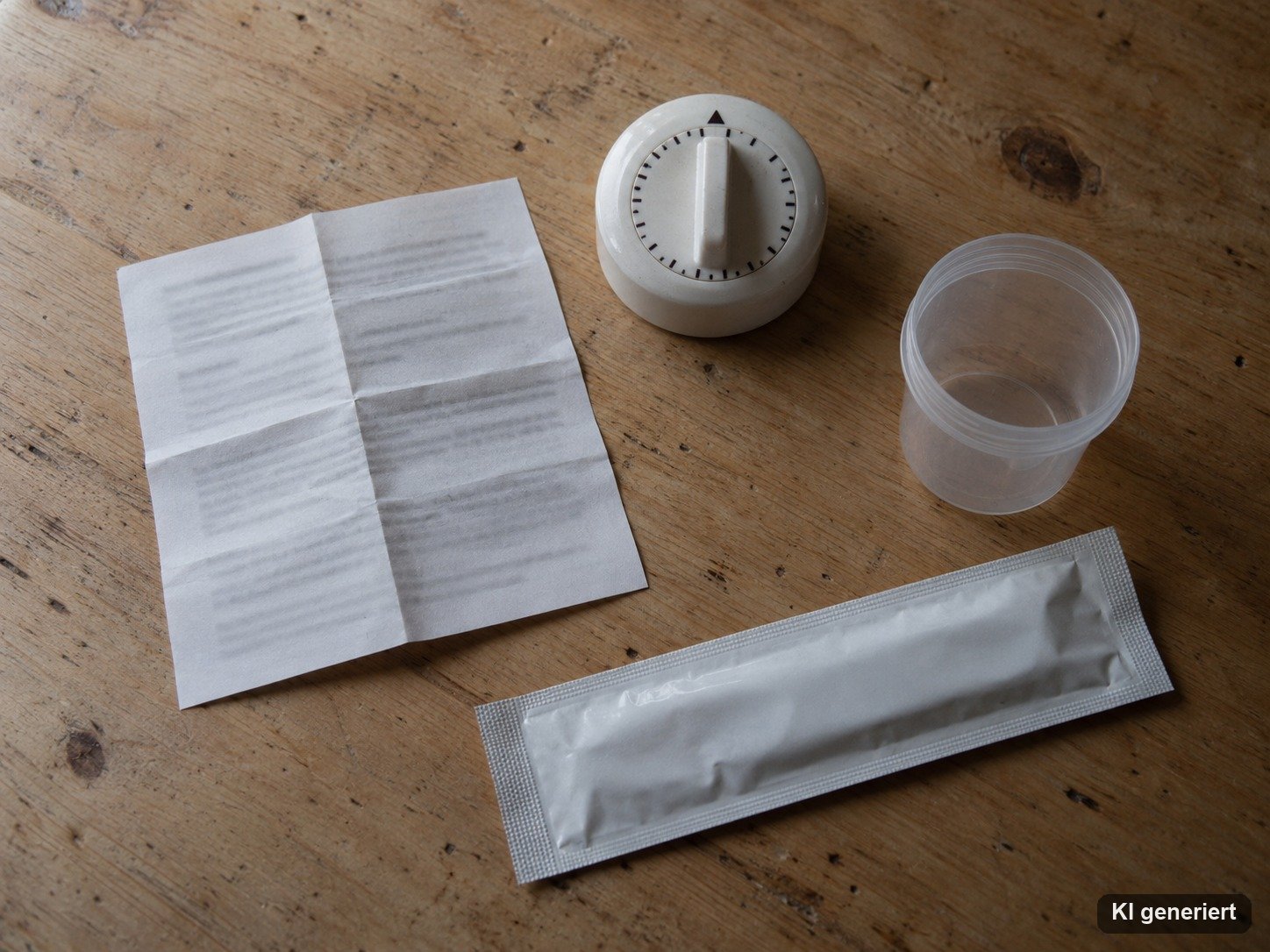Verpackter Schwangerschaftstest, Anleitung, Küchentimer und leerer Becher auf einem Holztisch