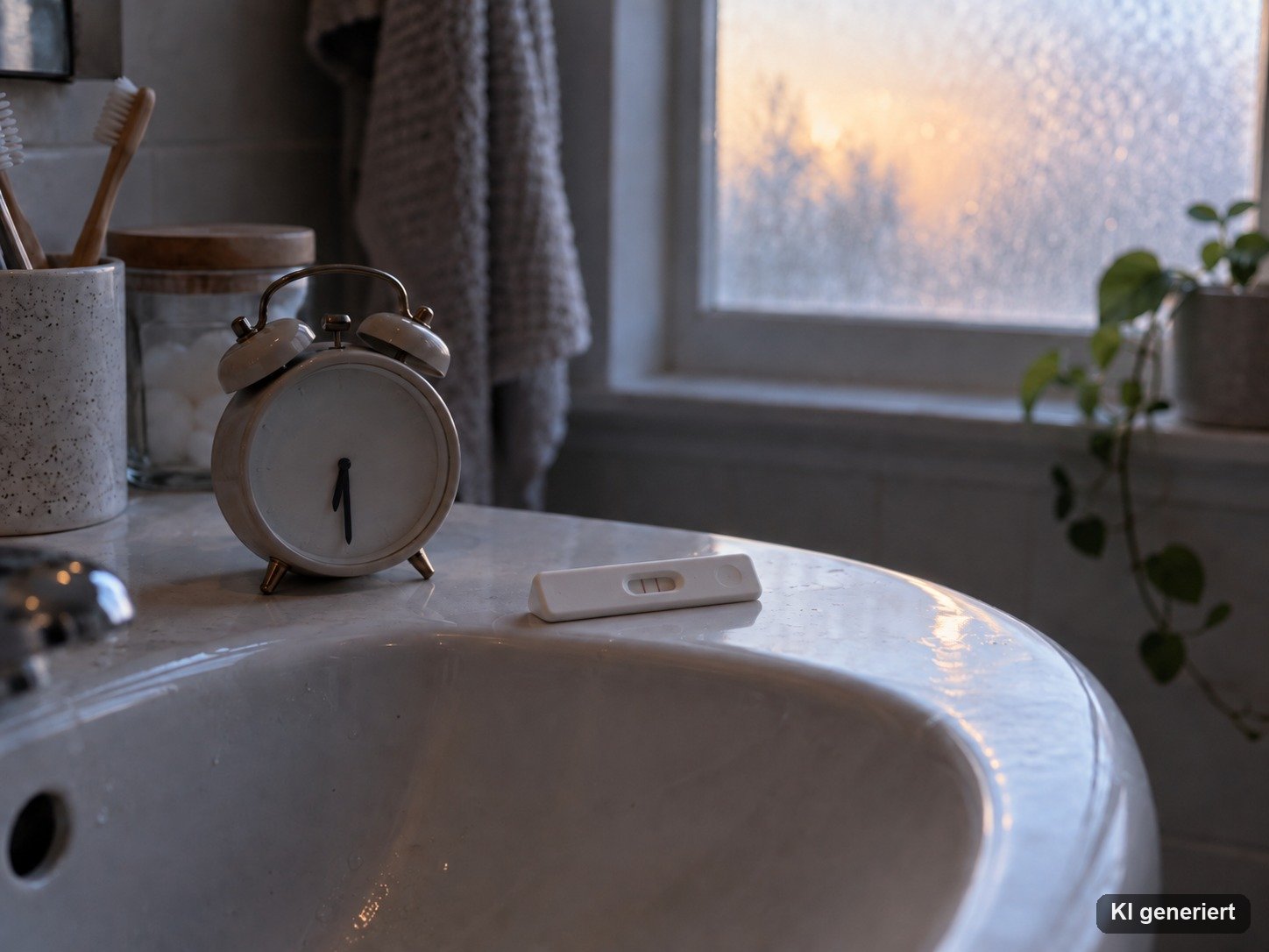Schwangerschaftstest am Waschbecken neben einem Wecker im Morgenlicht