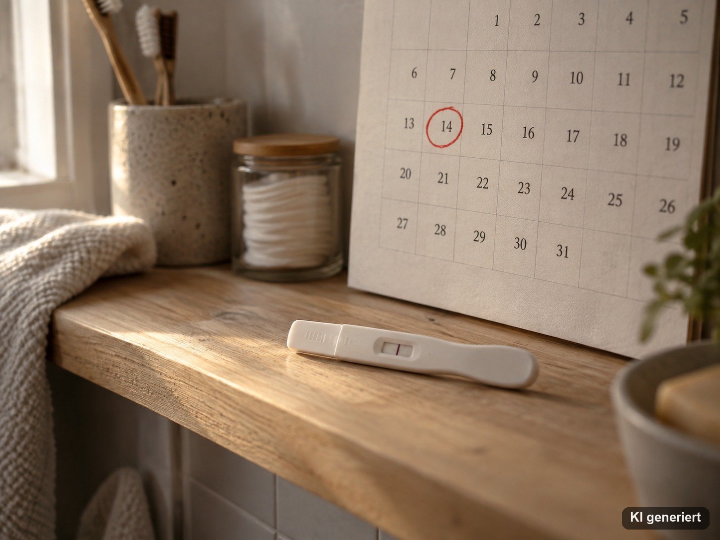 Wandkalender mit eingekreistem Tag neben einem Schwangerschaftstest auf einem Holzregal