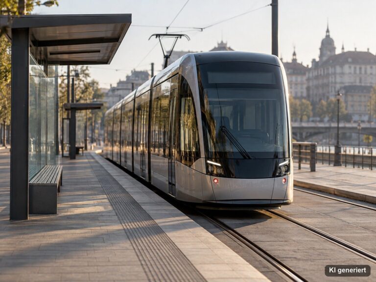 Straßenbahn an einer Haltestelle in der Stadt