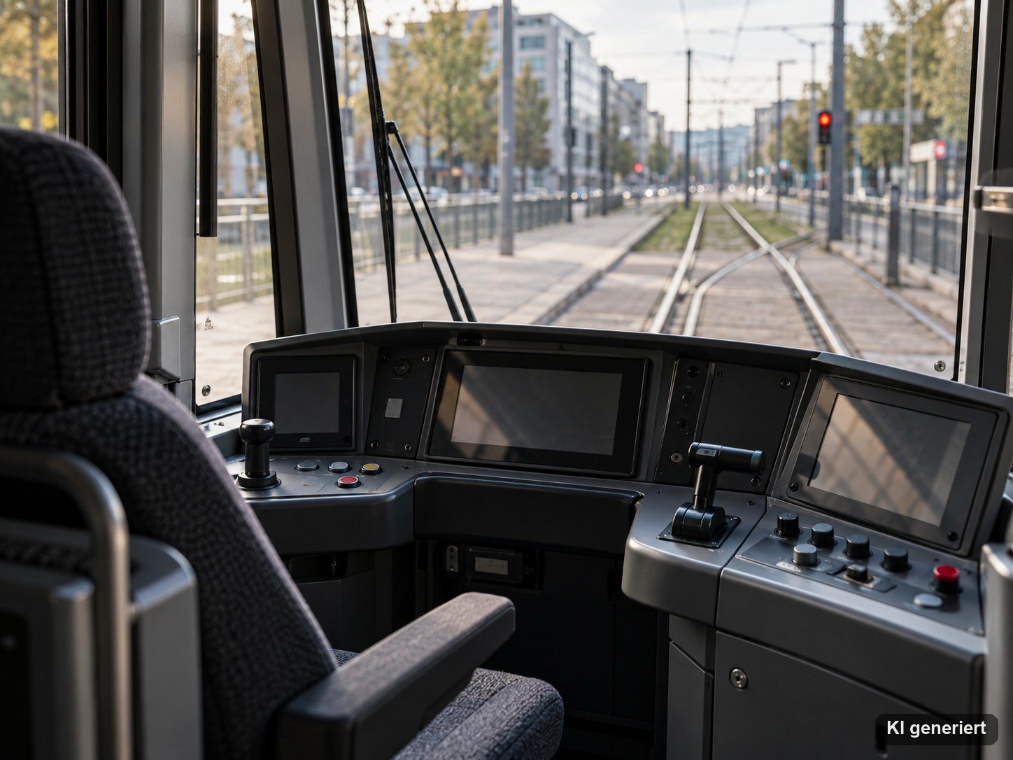 Leerer Führerstand einer Straßenbahn mit Bedienpult