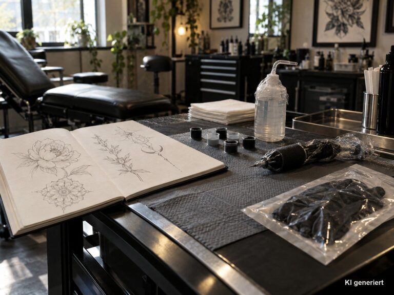 Tattoo-Arbeitsplatz mit Skizzenblock, Farbkappen und Tätowiermaschine