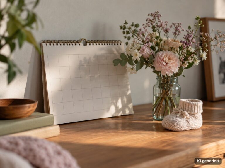 Kalender und Blumen auf einem Tisch zur Planung einer Babyparty