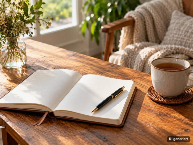 Aufgeschlagenes Notizbuch mit Stift auf einem Holztisch am Morgen