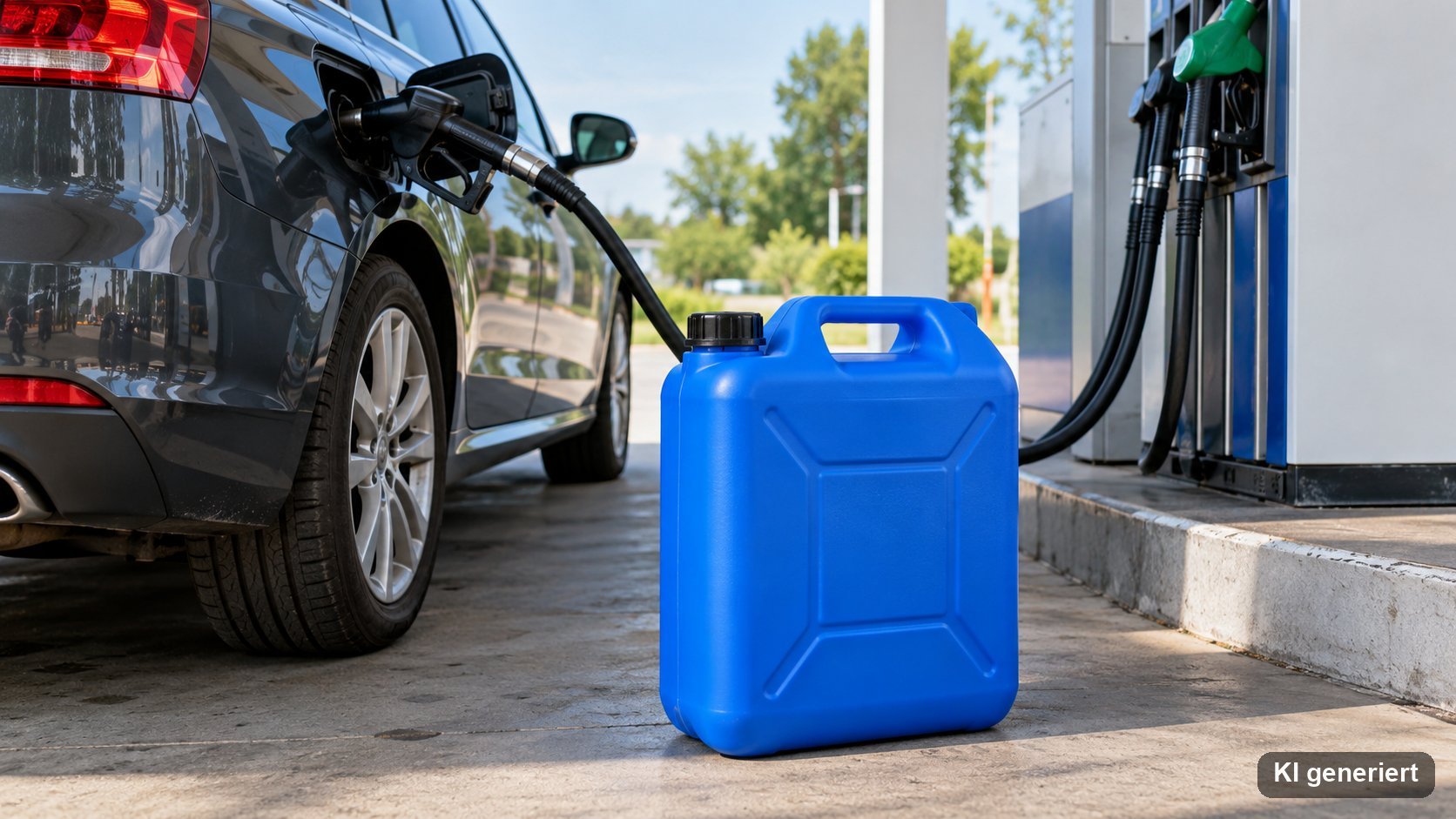 Auto an einer Zapfsäule mit einem neutralen blauen Kanister im Vordergrund