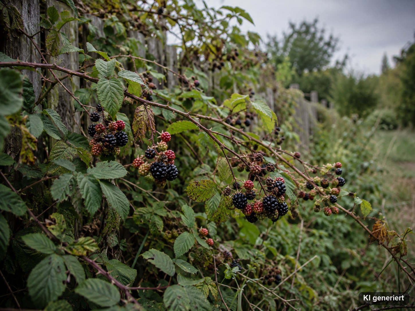 Wildes Brombeergestrüpp am Gartenzaun mit dornigen Ranken und unreifen Beeren bei bedecktem Tageslicht