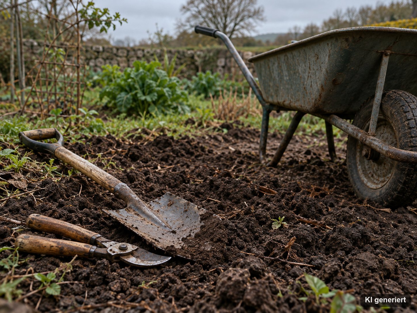 Spaten und Gartenschere mit Holzgriffen auf frisch umgegrabener dunkler Erde neben einer leeren Schubkarre