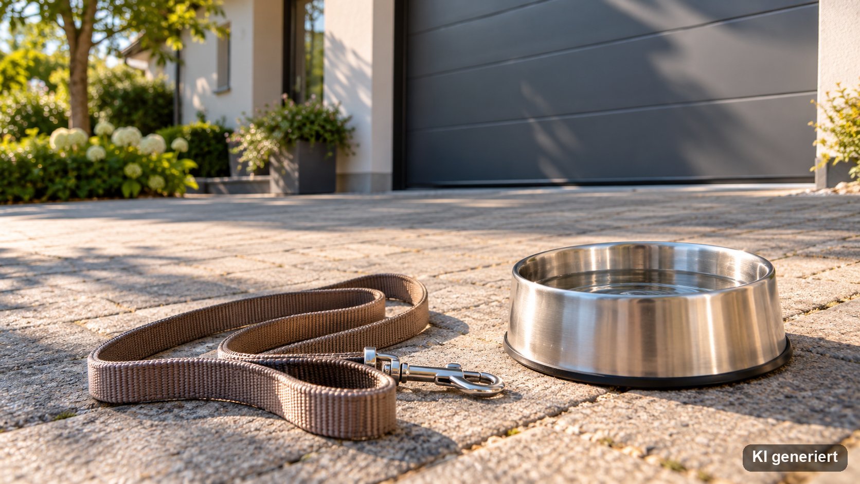 Hundeleine und Wassernapf auf einer sonnigen Garageneinfahrt