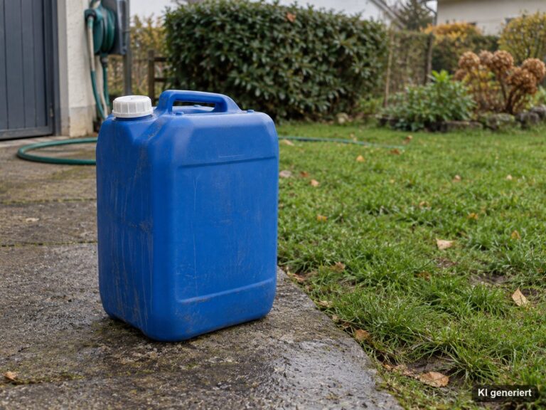 Blauer Kanister mit Harnstofflösung neben einem Rasen am Rand einer Garageneinfahrt