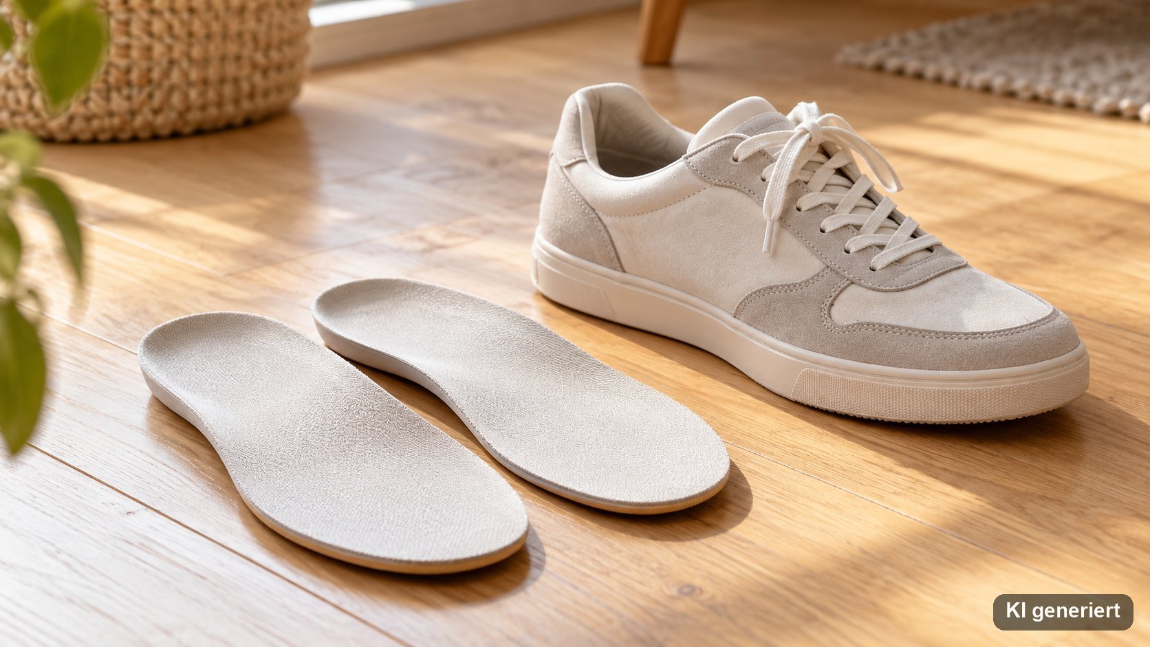Ein Paar helle Einlegesohlen neben einem Sneaker auf einem Holzboden