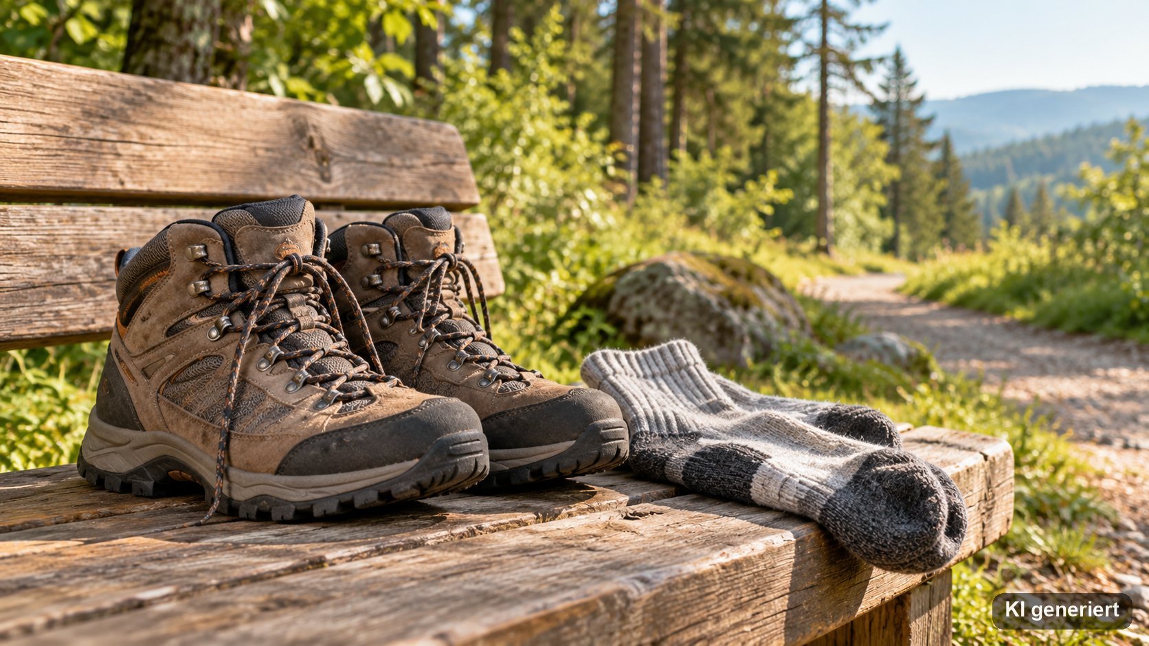Wanderschuhe und Socken auf einer Holzbank vor einem Waldweg