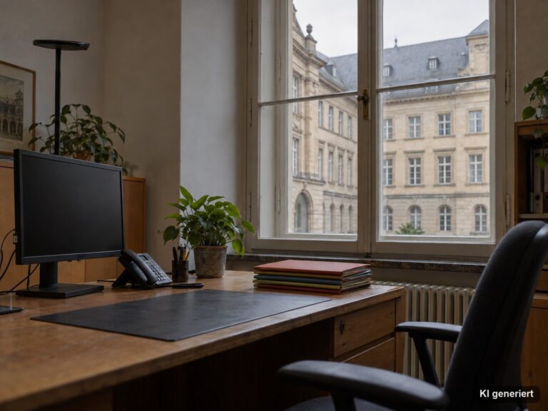 Aufgeräumter Büroarbeitsplatz in einer deutschen Behörde mit Akten, Telefon, Monitor und Fenster zum Innenhof