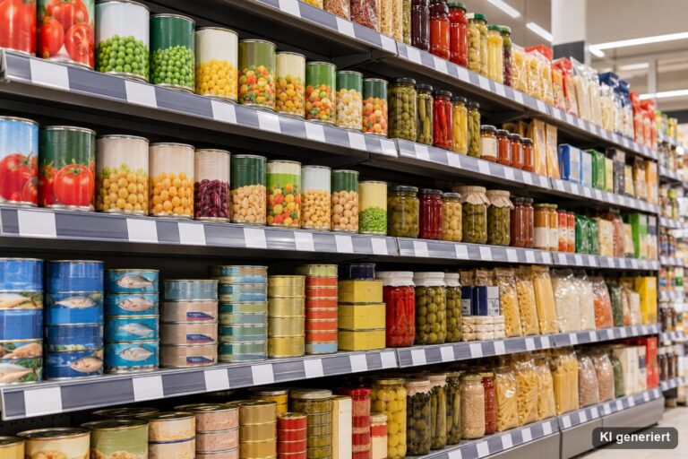Gut sortiertes Supermarktregal mit Konserven und Verpackungen in heller Beleuchtung