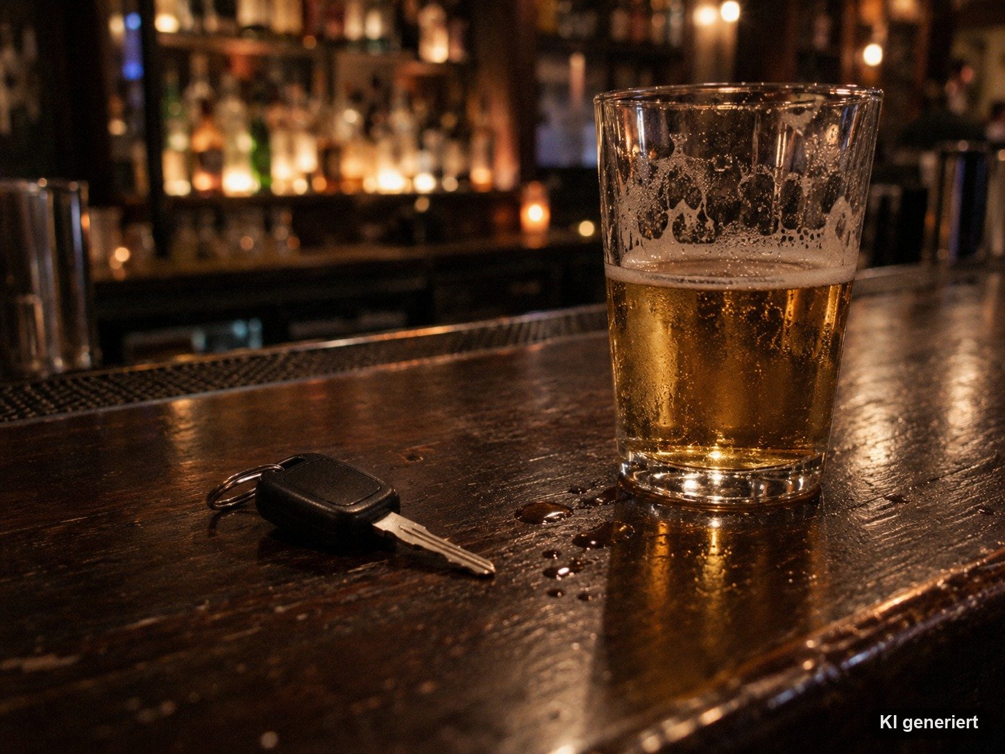 Autoschlüssel neben einem halb leeren Bierglas auf einer Bartheke am Abend