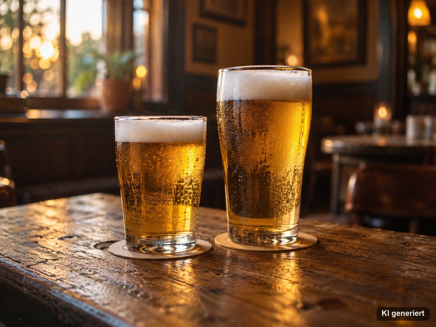 Ein kleines und ein großes Glas Bier auf einem Holztisch in einer Kneipe