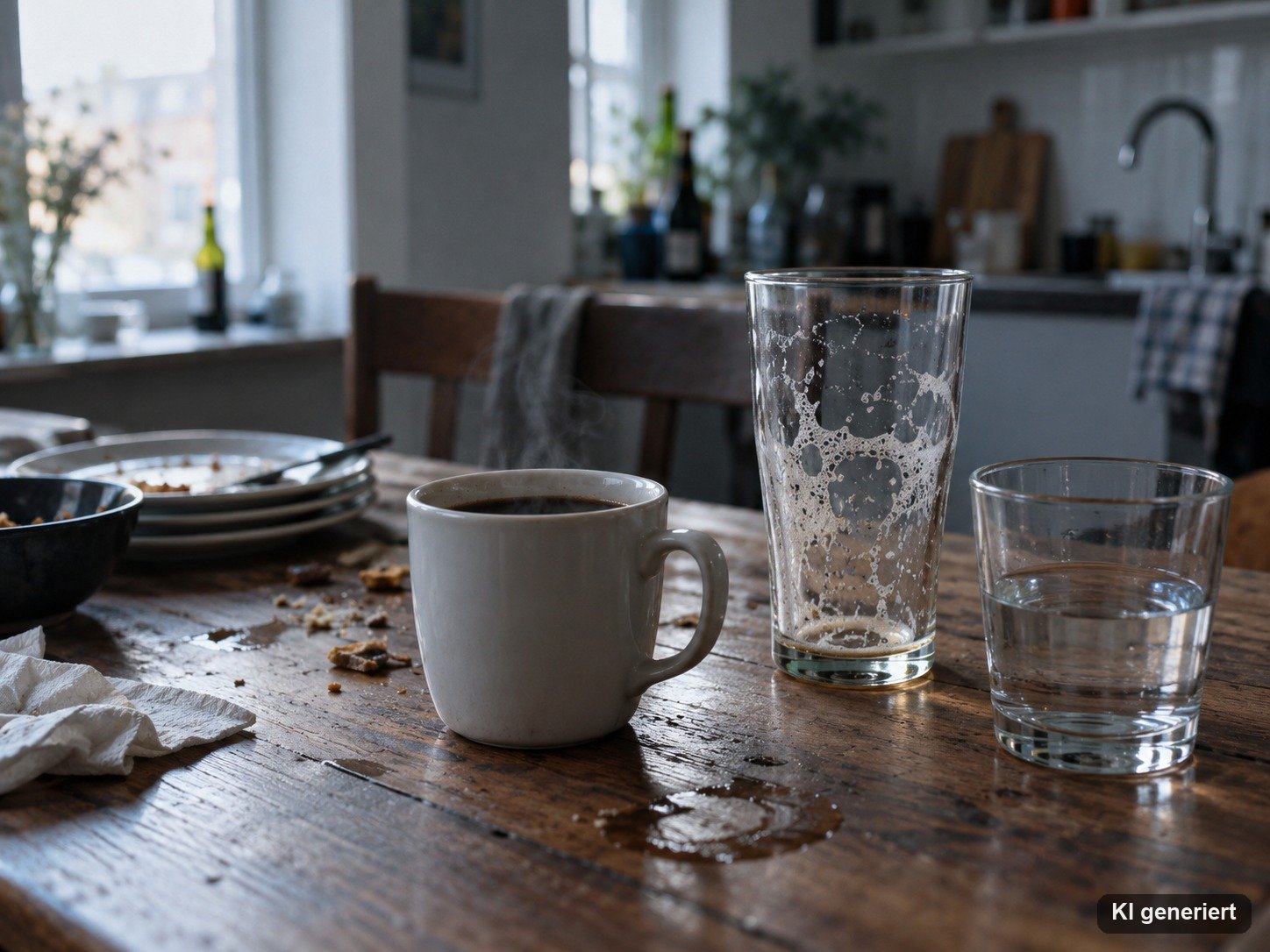 Tasse schwarzer Kaffee neben einem leeren Bierglas und einem Glas Wasser am Morgen