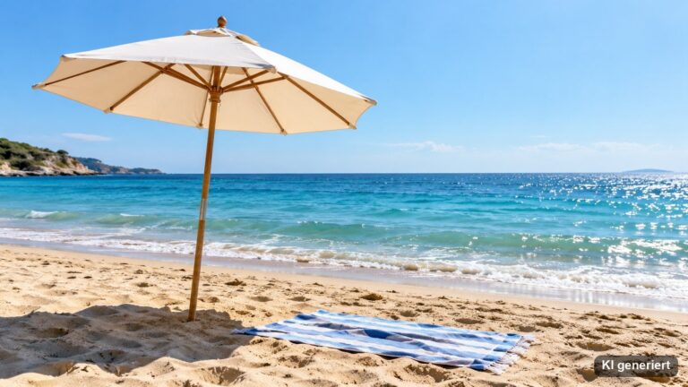 Sandstrand mit Sonnenschirm und Handtuch bei hochstehender Sonne