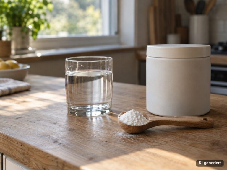 Messlöffel mit weißem Pulver neben einem Glas Wasser und einer weißen Dose auf einer Holzarbeitsplatte