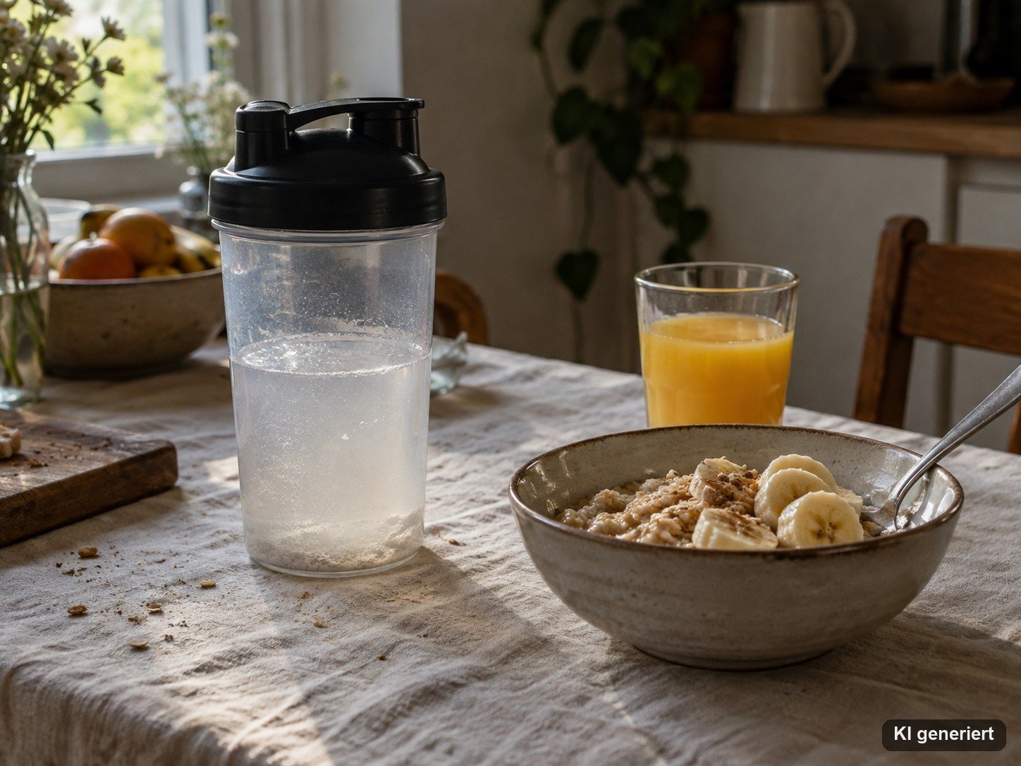 Shaker mit Wasser und Pulver neben einer Schüssel Haferflocken mit Banane und einem Glas Orangensaft