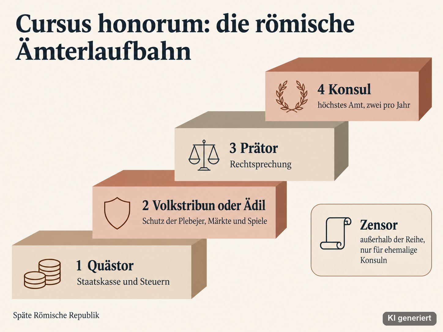 Infografik zur römischen Ämterlaufbahn mit den Stufen Quästor, Volkstribun oder Ädil, Prätor und Konsul