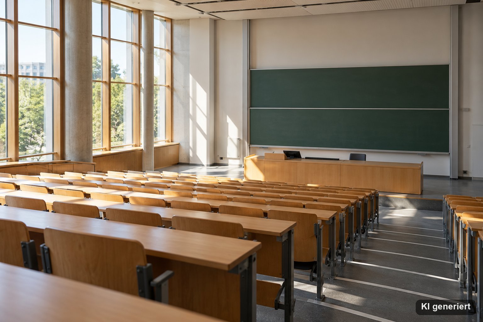 Leerer Hörsaal einer Hochschule mit ansteigenden Stuhlreihen, Holzpulten und großer Tafel im Licht hoher Fenster